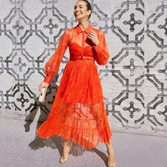 self portrait red floral lattice lace dress
